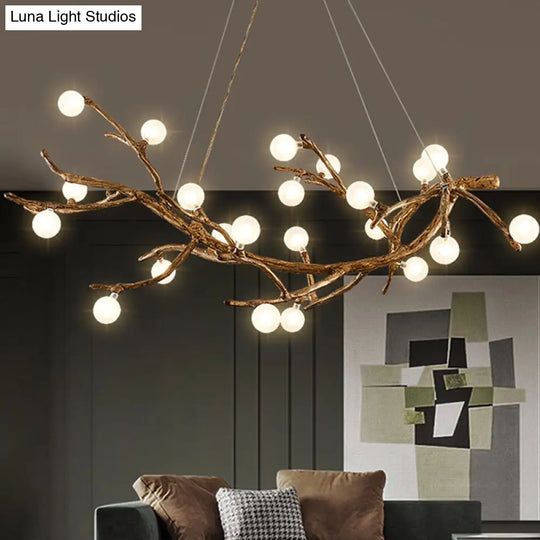 Modern Metal Tree Branch Island Lighting Fixture With Art Deco Wood Suspension And Acrylic Ball