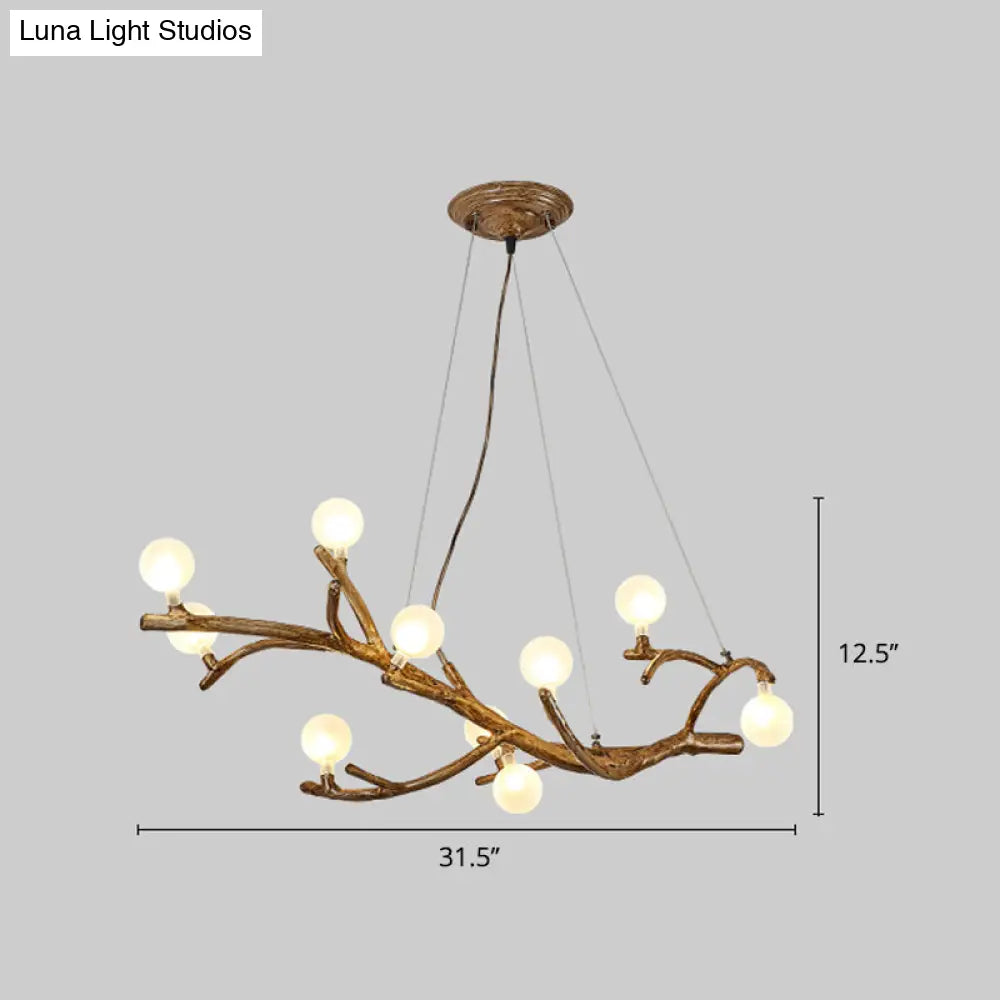 Modern Metal Tree Branch Island Lighting Fixture With Art Deco Wood Suspension And Acrylic Ball