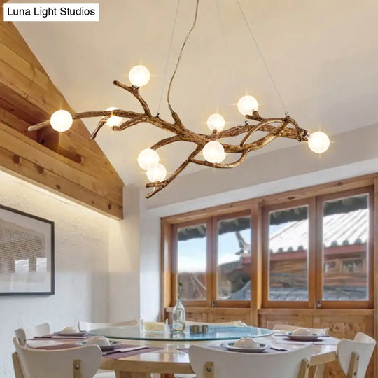 Modern Metal Tree Branch Island Lighting Fixture With Art Deco Wood Suspension And Acrylic Ball