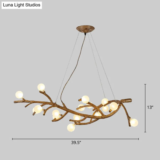 Modern Metal Tree Branch Island Lighting Fixture With Art Deco Wood Suspension And Acrylic Ball