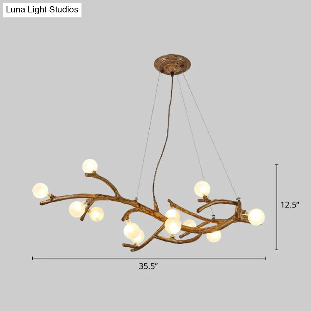 Modern Metal Tree Branch Island Lighting Fixture With Art Deco Wood Suspension And Acrylic Ball