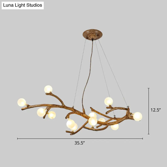 Modern Metal Tree Branch Island Lighting Fixture With Art Deco Wood Suspension And Acrylic Ball