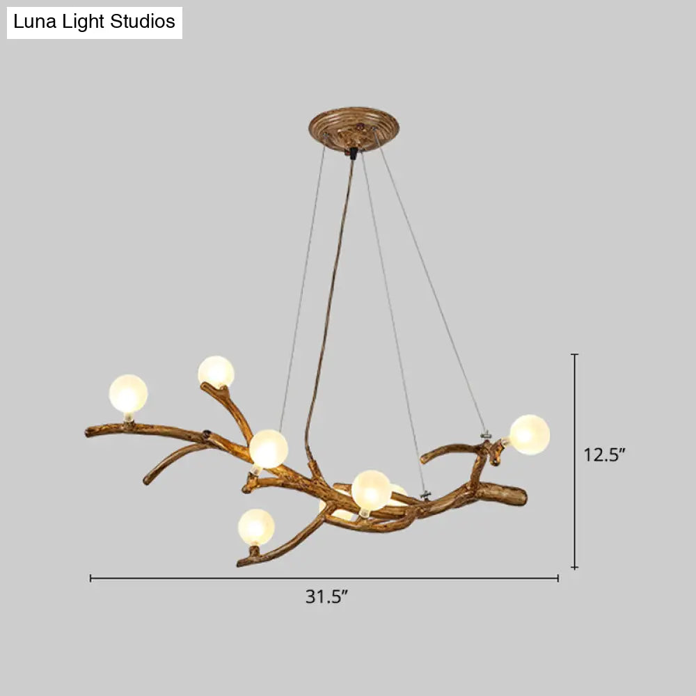 Modern Metal Tree Branch Island Lighting Fixture With Art Deco Wood Suspension And Acrylic Ball