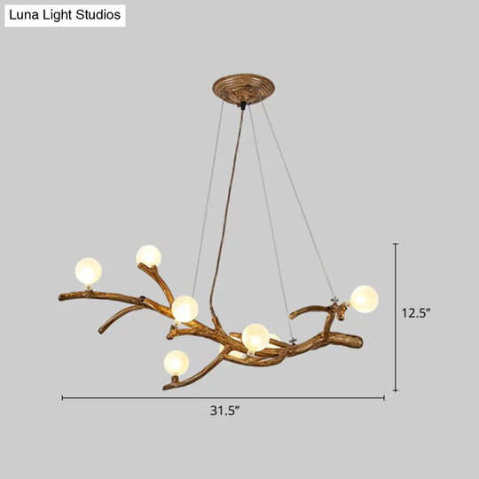 Modern Metal Tree Branch Island Lighting Fixture With Art Deco Wood Suspension And Acrylic Ball