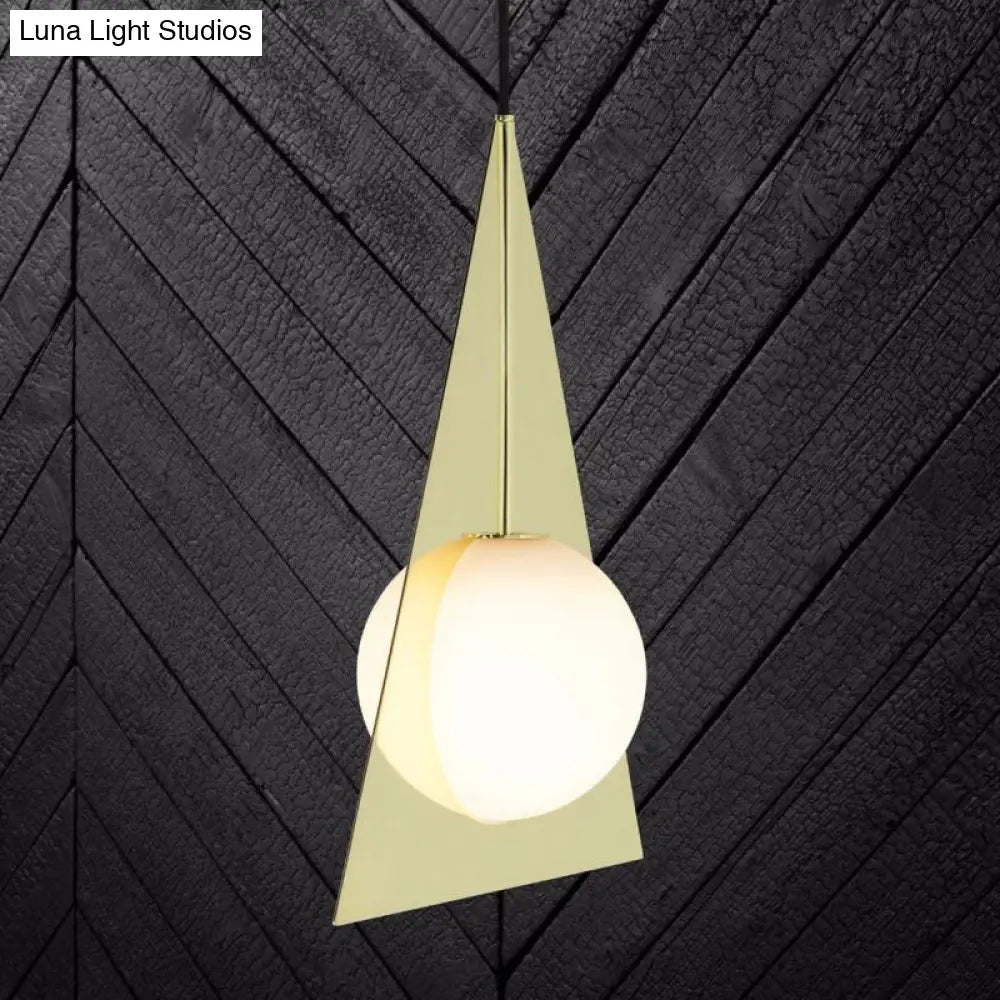 Modern Metal 1 Head Gold Triangle Ceiling Pendant Light With Globe White Glass Shade