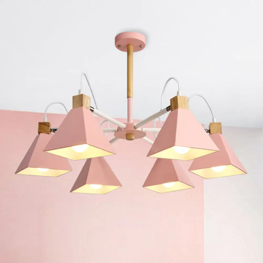 Modern Metal Triangle Pendant Fixture: Bedroom Chandelier With 6 Hanging Lights Pink