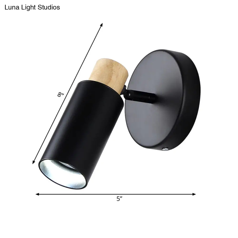 Modern Metal Tubular Wall Sconce With Wood Cap - Black 1 Head Light