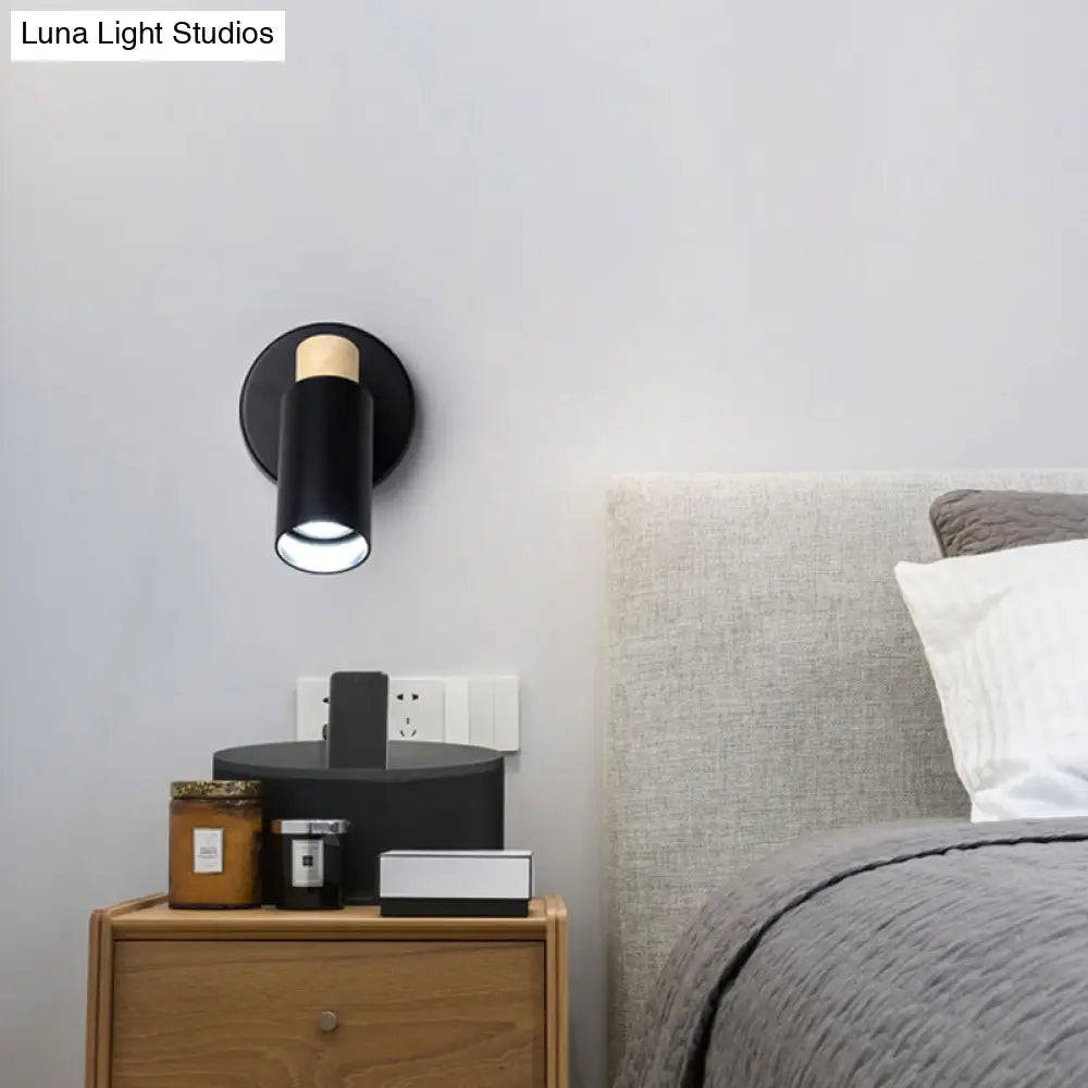 Modern Metal Tubular Wall Sconce With Wood Cap - Black 1 Head Light