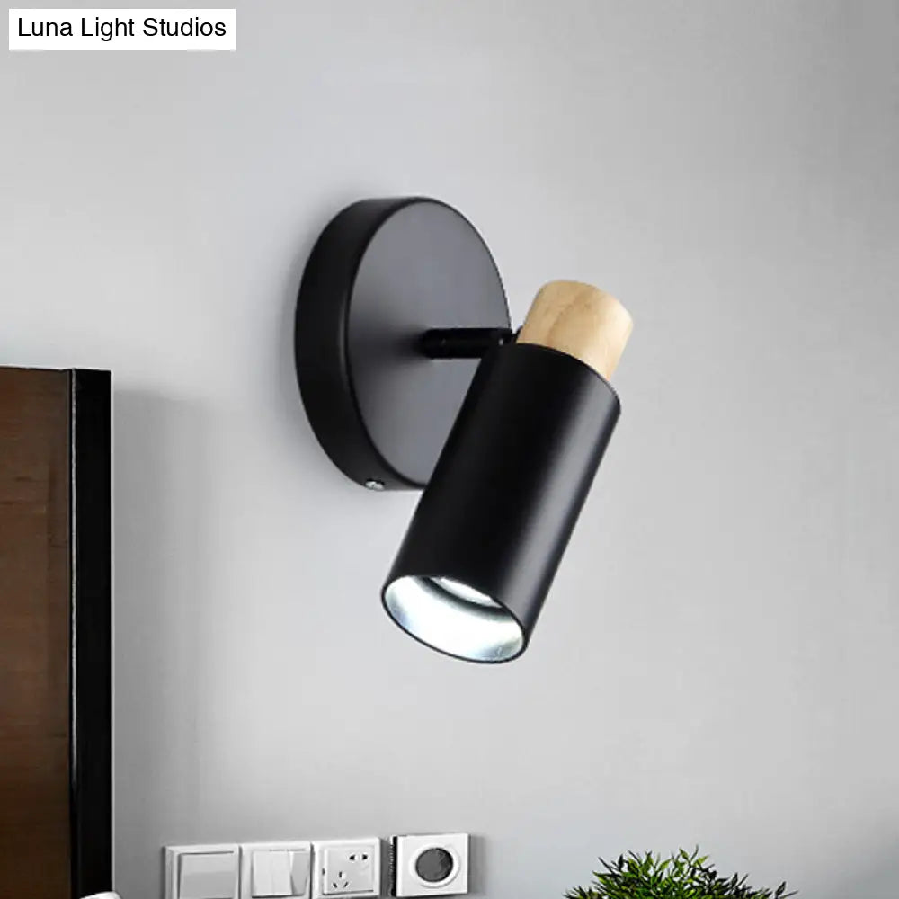 Modern Metal Tubular Wall Sconce With Wood Cap - Black 1 Head Light