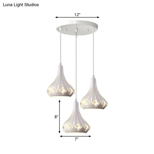 Modern Metal Urn Pendant Light With Crystal Accent - White 3-Bulb Ceiling Lamp For Restaurants