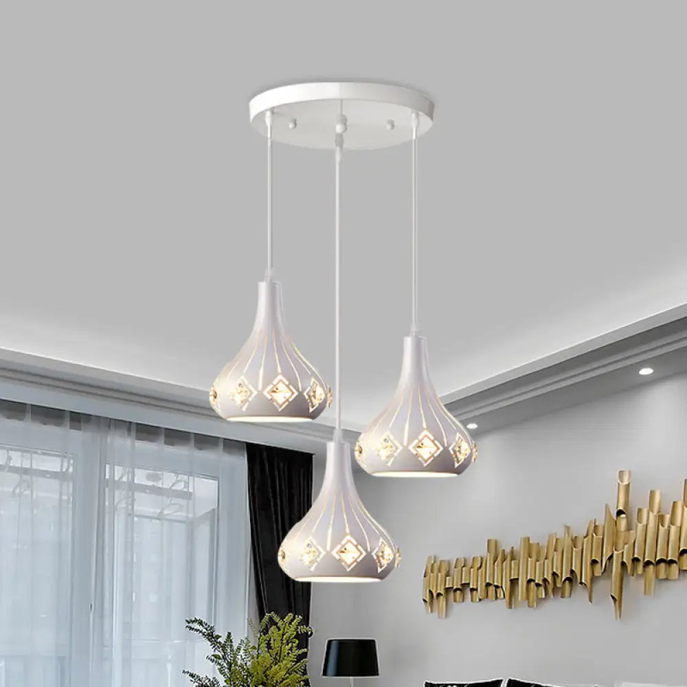 Modern Metal Urn Pendant Light With Crystal Accent - White 3-Bulb Ceiling Lamp For Restaurants