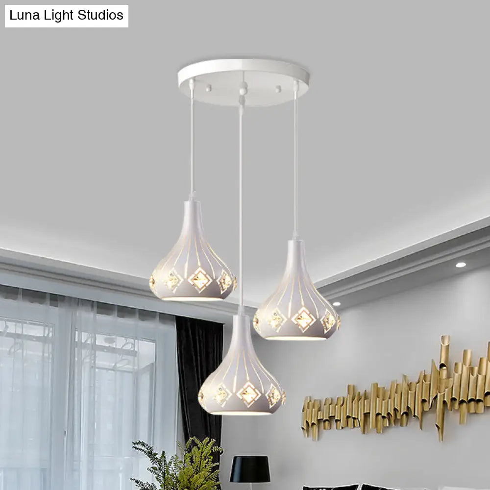 Contemporary Urn Pendant Light With Crystal Accent - 3-Bulb Metal Ceiling Lamp In White For