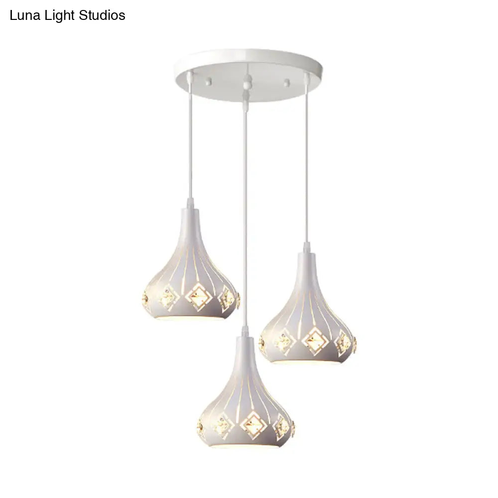 Contemporary Urn Pendant Light With Crystal Accent - 3-Bulb Metal Ceiling Lamp In White For