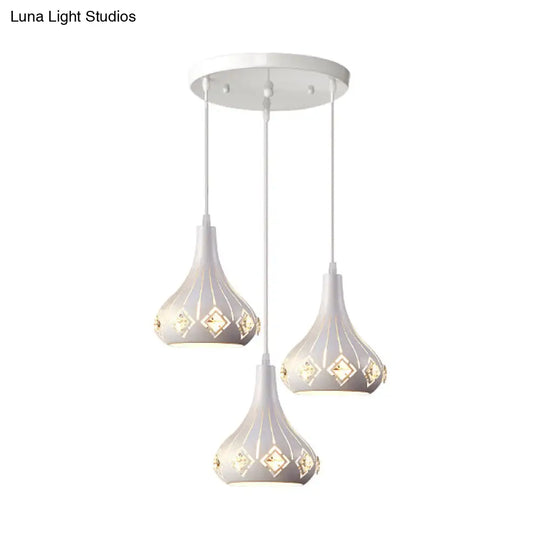 Contemporary Urn Pendant Light With Crystal Accent - 3-Bulb Metal Ceiling Lamp In White For