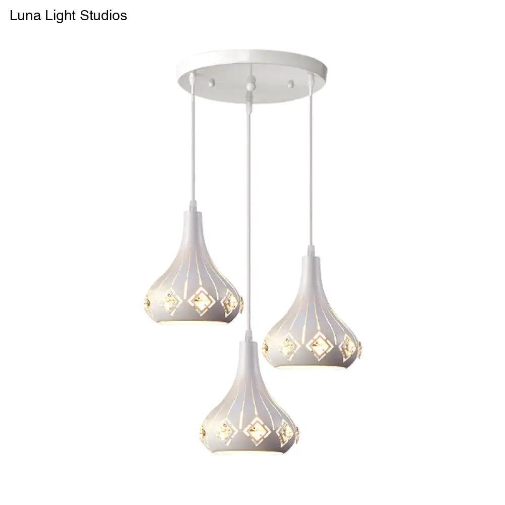 Modern Metal Urn Pendant Light With Crystal Accent - White 3-Bulb Ceiling Lamp For Restaurants