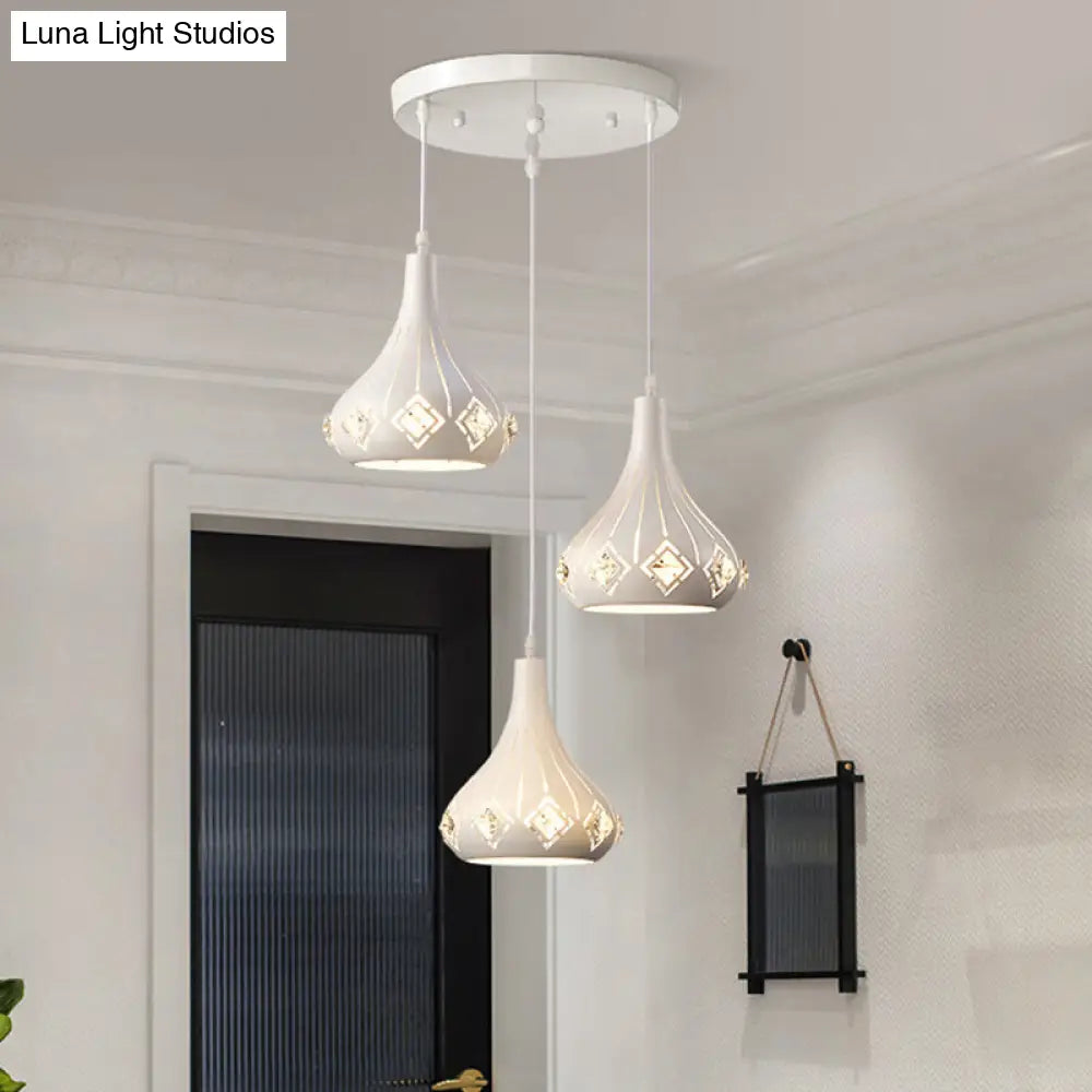 Contemporary Urn Pendant Light With Crystal Accent - 3-Bulb Metal Ceiling Lamp In White For
