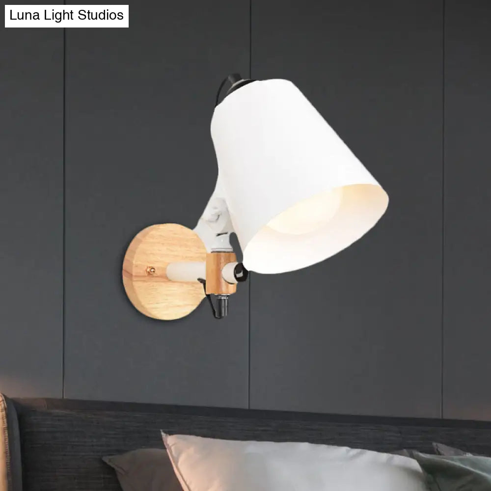 Modern Metal Wall Lamp With Bucket Shade 1 Light Corridor Mount Wooden Backplate Black/White