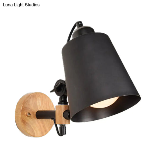 Modern Metal Wall Lamp With Bucket Shade 1 Light Corridor Mount Wooden Backplate Black/White