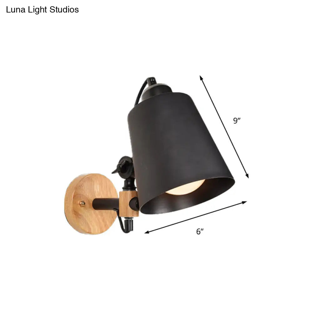 Modern Metal Wall Lamp With Bucket Shade 1 Light Corridor Mount Wooden Backplate Black/White