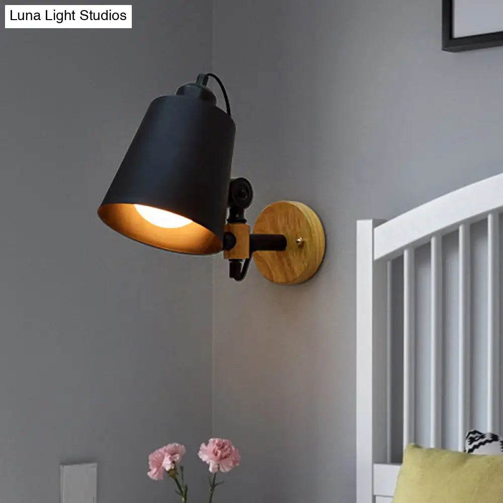 Modern Metal Wall Lamp With Bucket Shade 1 Light Corridor Mount Wooden Backplate Black/White