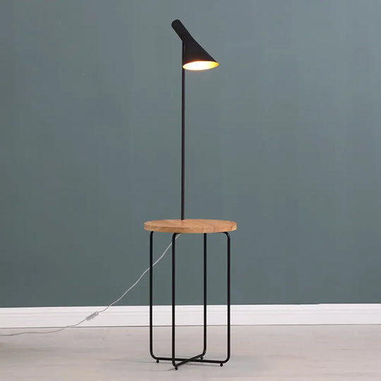 Modern Metallic Black Reading Floor Lamp With Wide Flared Shade & Wood Shelf