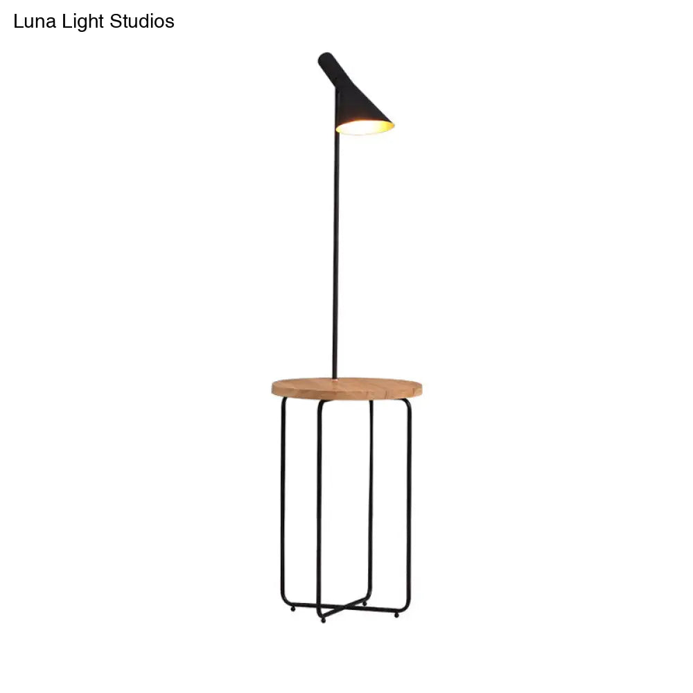 Modern Metallic Black Reading Floor Lamp With Wide Flared Shade & Wood Shelf