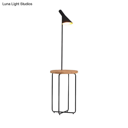 Modern Metallic Black Reading Floor Lamp With Wide Flared Shade & Wood Shelf