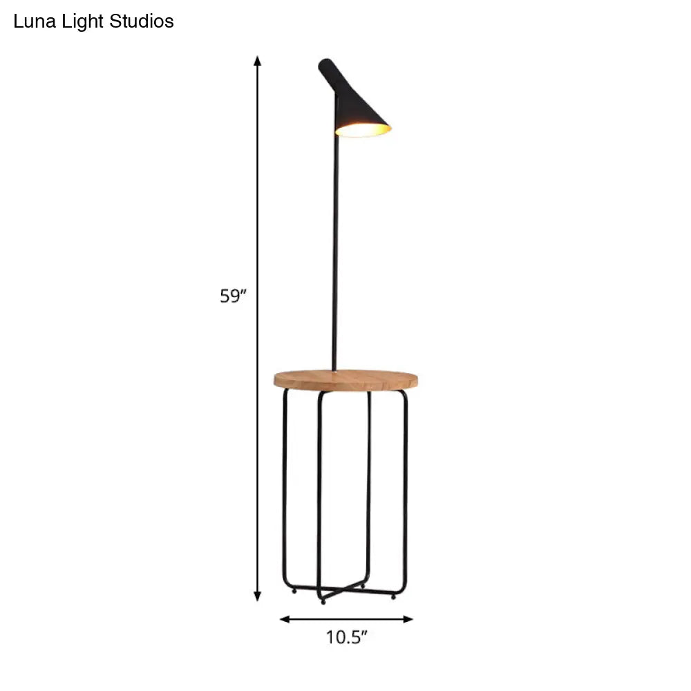 Modern Metallic Black Reading Floor Lamp With Wide Flared Shade & Wood Shelf