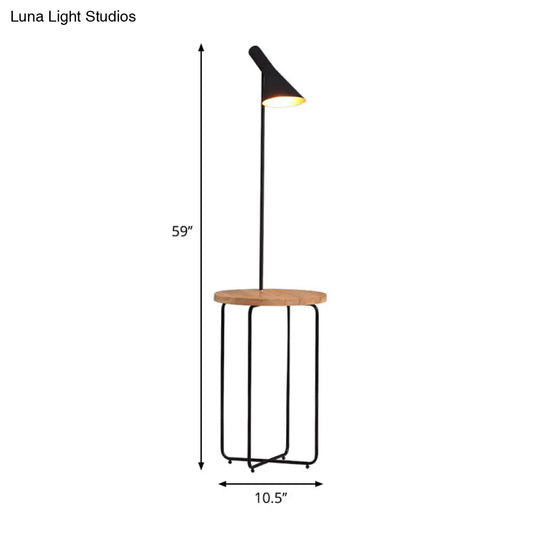 Modern Metallic Black Reading Floor Lamp With Wide Flared Shade & Wood Shelf