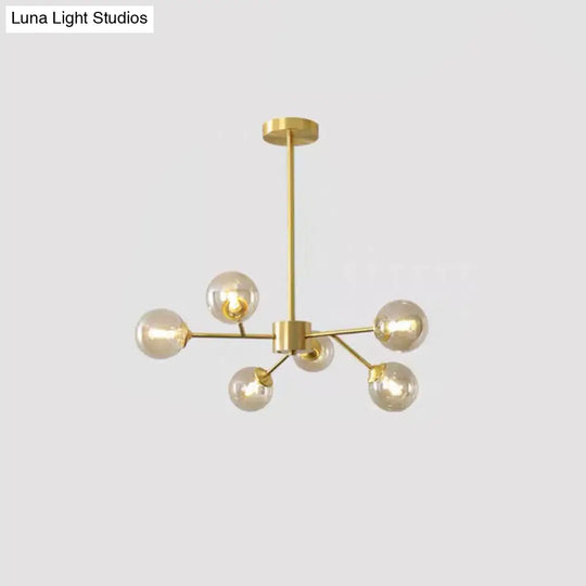 Modern Metallic Hanging Chandelier With Led Lights & Glass Shade For Living Room 6 / Amber A