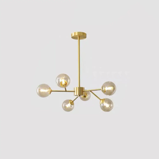 Modern Metallic Branch-Shaped Led Chandelier Pendant Light With Glass Sphere Shade 6 / Amber A