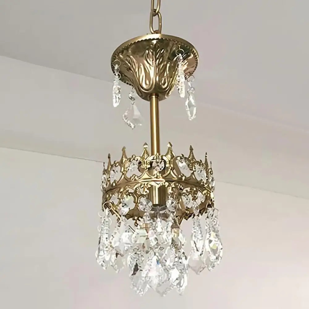 Modern Metallic Crown Wall Light With Crystal Drop - Single-Bulb Living Room Lighting Brass