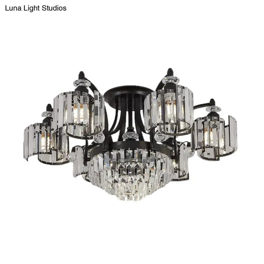 Modern Metallic Curved Arm Semi Flush Mount Ceiling Light In Black With Crystal Cylinder Shade -