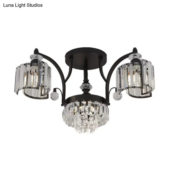 Modern Metallic Curved Arm Semi Flush Mount Ceiling Light In Black With Crystal Cylinder Shade -