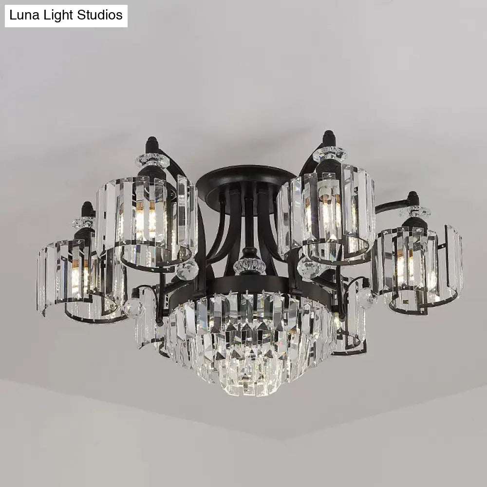 Modern Metallic Curved Arm Semi Flush Mount Ceiling Light In Black With Crystal Cylinder Shade -