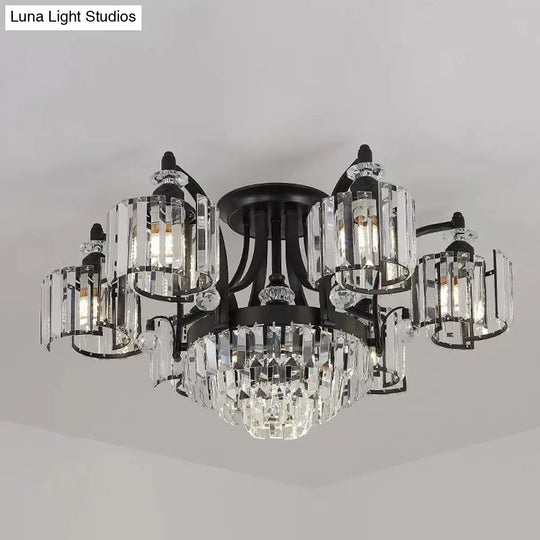 Modern Metallic Curved Arm Semi Flush Mount Ceiling Light In Black With Crystal Cylinder Shade -