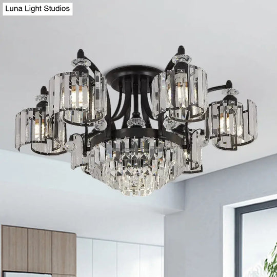 Modern Metallic Curved Arm Semi Flush Mount Ceiling Light In Black With Crystal Cylinder Shade -