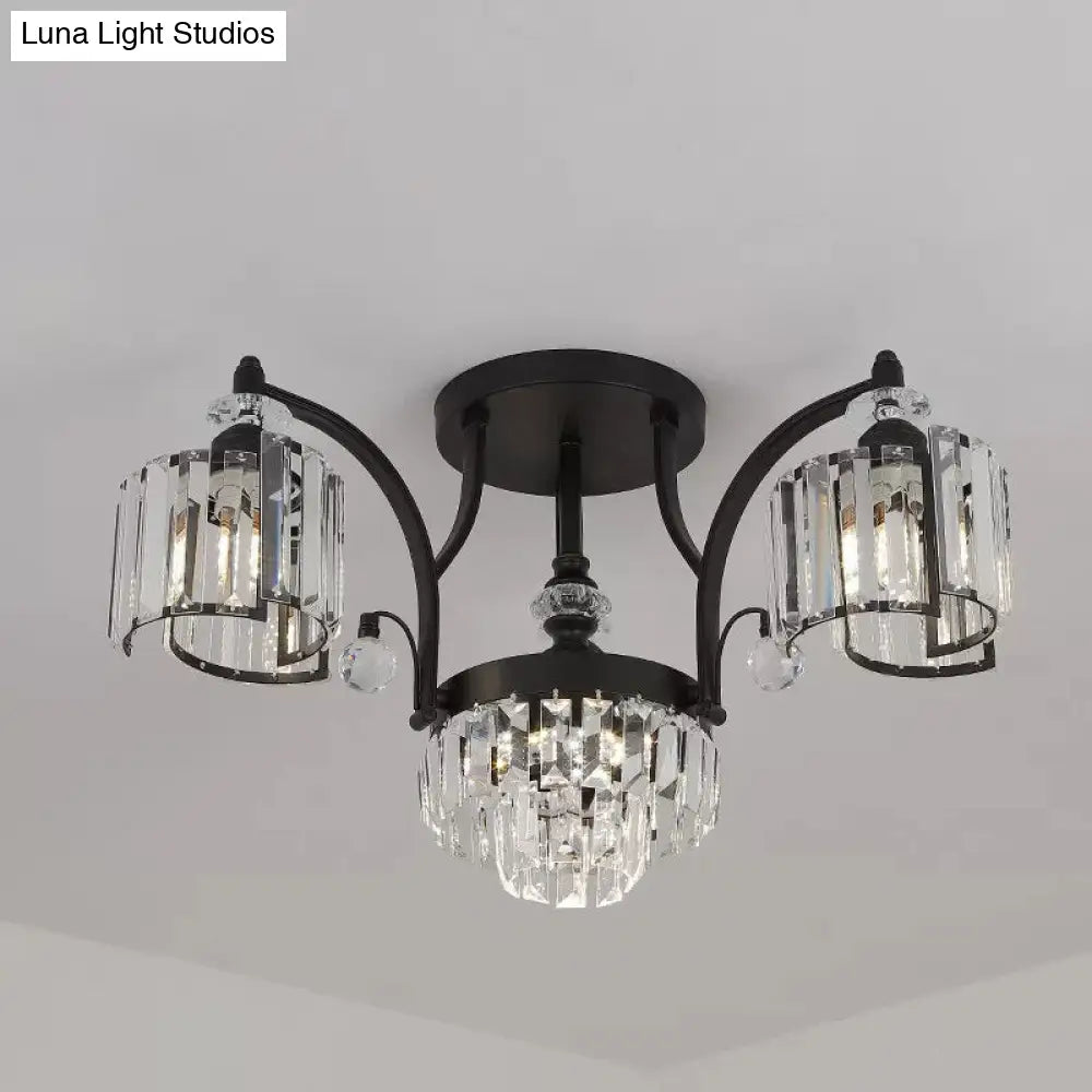 Modern Metallic Curved Arm Semi Flush Mount Ceiling Light In Black With Crystal Cylinder Shade -