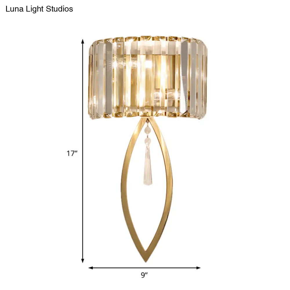 Modern Metallic Drum Shade Wall Lamp With Clear Crystal 2-Light Gold Lighting For Living Room