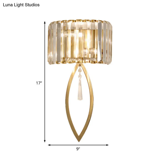 Modern Metallic Drum Shade Wall Lamp With Clear Crystal 2-Light Gold Lighting For Living Room