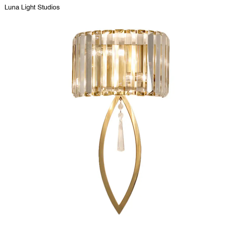 Modern Metallic Drum Shade Wall Lamp With Clear Crystal 2-Light Gold Lighting For Living Room