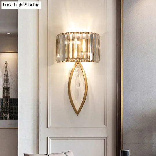 Modern Metallic Drum Shade Wall Lamp With Clear Crystal 2-Light Gold Lighting For Living Room