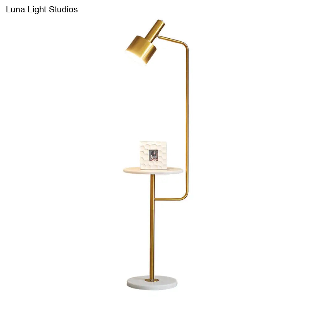 Modern Metallic Floor Lamp With Tray And Marble Base - Sleek Bedside Lighting