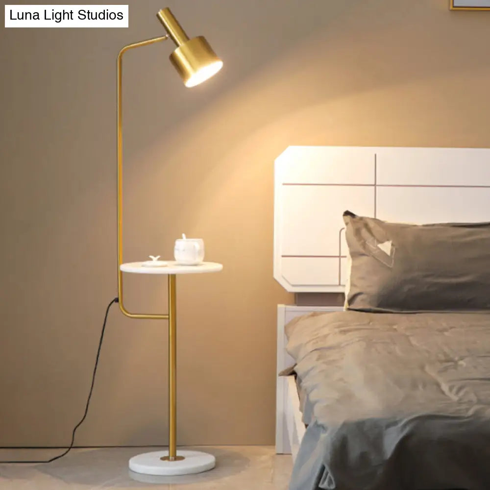 Modern Metallic Floor Lamp With Tray And Marble Base - Sleek Bedside Lighting