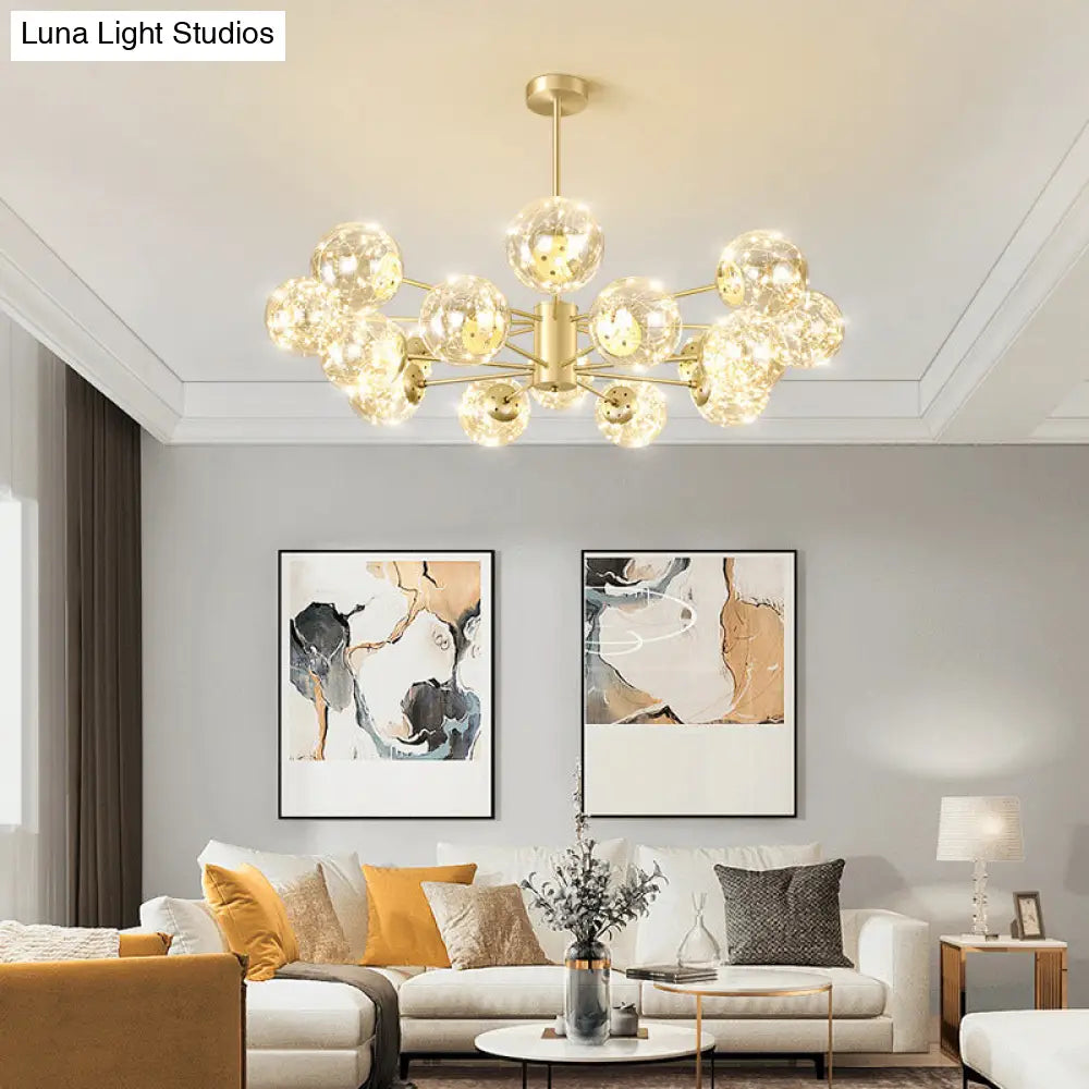 Contemporary Radial Led Pendant Chandelier With Clear Globe Glass Shade - Metallic Gold Finish