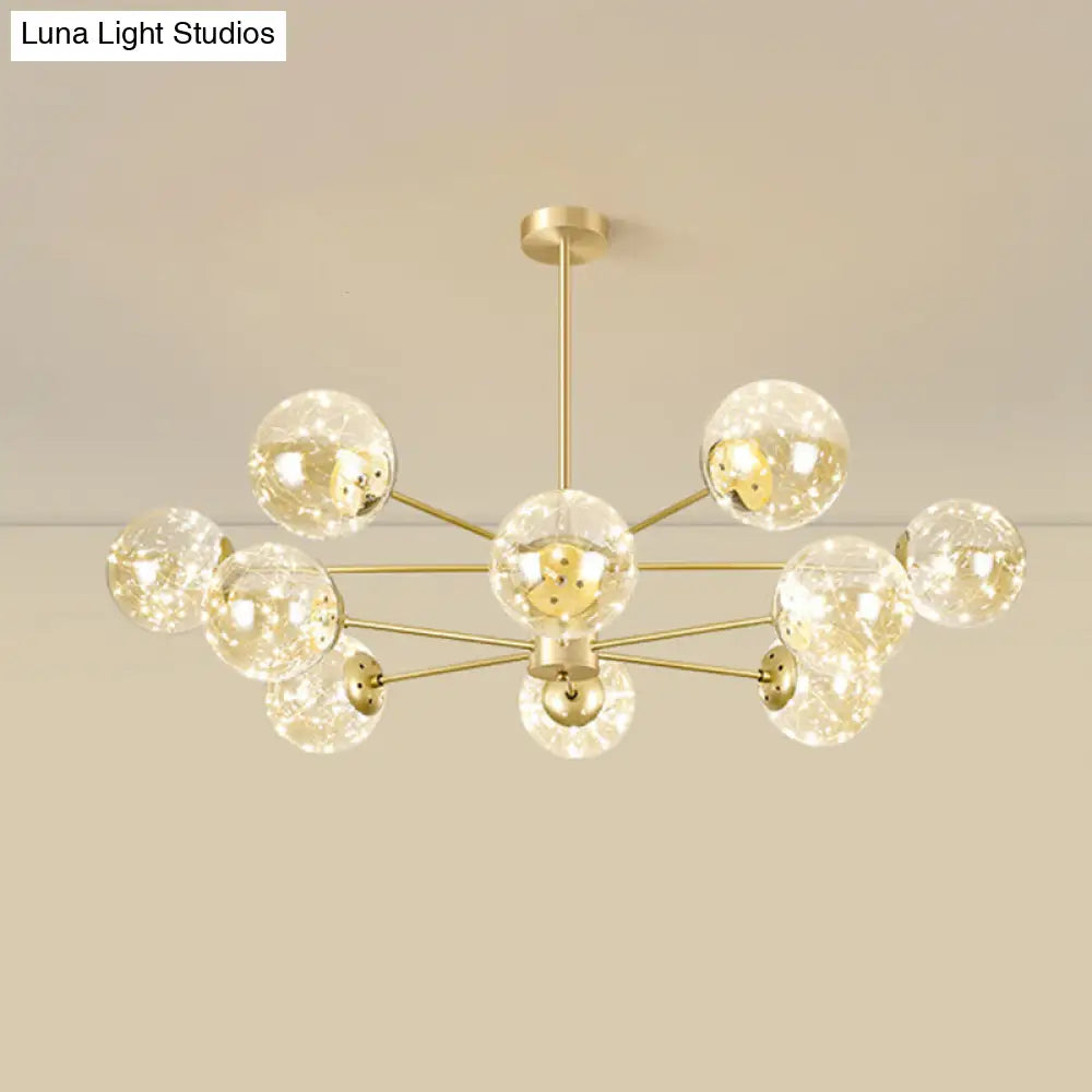 Contemporary Radial Led Pendant Chandelier With Clear Globe Glass Shade - Metallic Gold Finish