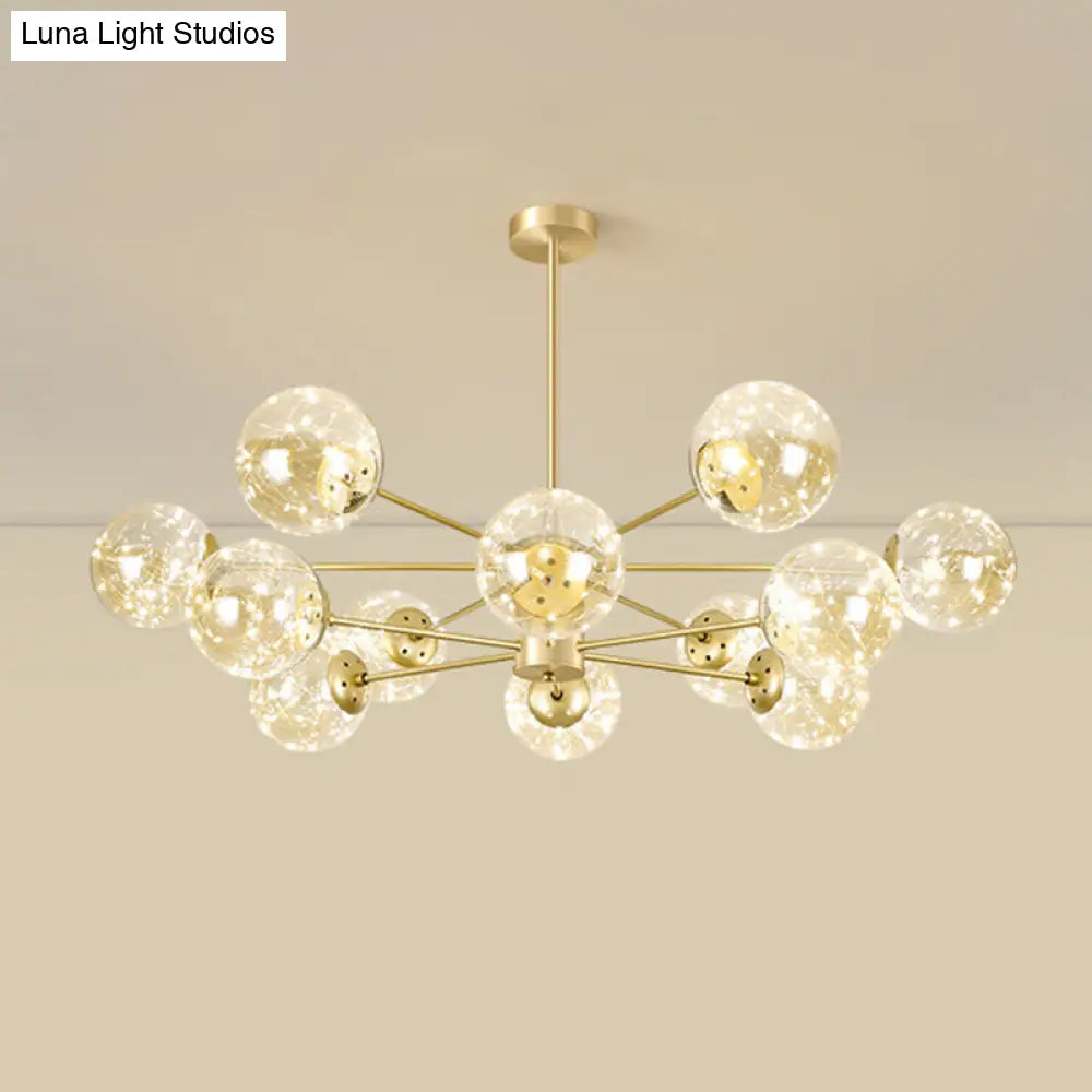 Contemporary Radial Led Pendant Chandelier With Clear Globe Glass Shade - Metallic Gold Finish