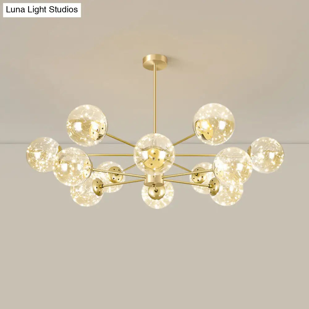 Contemporary Radial Led Pendant Chandelier With Clear Globe Glass Shade - Metallic Gold Finish