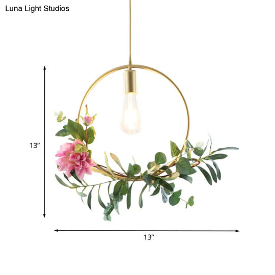 Metallic Hanging Pendant Loft Style Ceiling Light With Artificial Flower Deco - 1-Light Champagne