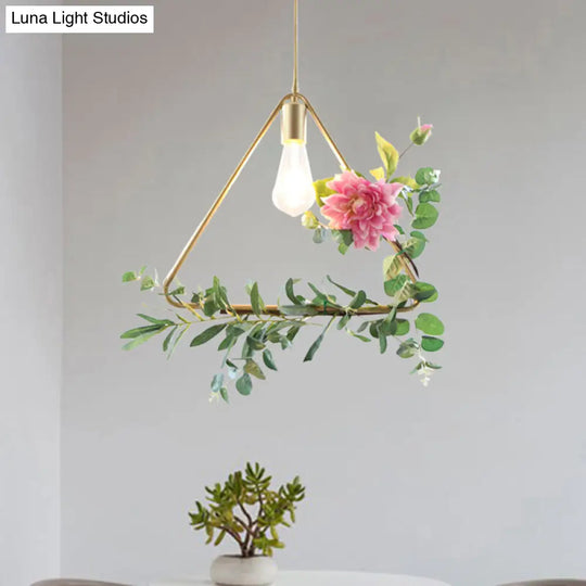 Metallic Hanging Pendant Loft Style Ceiling Light With Artificial Flower Deco - 1-Light Champagne
